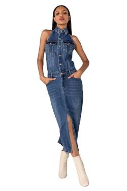 Nina Carter S537 Langes Hemdkleid Rückenfreies Kleid mit Schlitz Stretch Jeanskleid Used-Look (Blau (S537), L) von Nina Carter