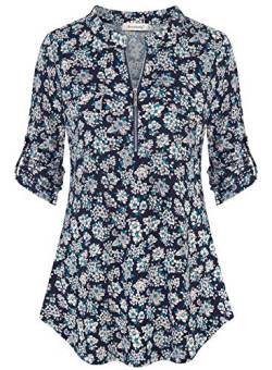 Ninedaily Damen 3/4 Ärmel Plaid Shirts Reißverschluss Floral Casual Tunika Bluse Tops, Marineblau, Groß von Ninedaily