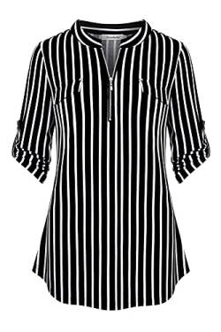 Ninedaily Damen 3/4 Ärmel Plaid Shirts Reißverschluss Floral Casual Tunika Bluse Tops, Schwarze Streifen, X-Large von Ninedaily