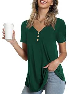 Ninee Damen Kurzarm T-Shirt Sommer V-Ausschnitt Tunika Tops lose Knopfleiste Bluse (Dark Green,4X-Large) von Ninee