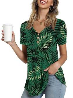 Ninee Damen Kurzarm T-Shirt V-Ausschnitt Sommer Tunika Tops lässig Knopfleiste Bluse (Flower Black Green Leaf,Medium) von Ninee