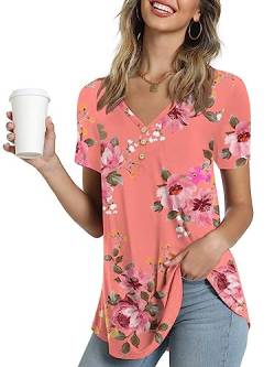 Ninee Damen Kurzarm T-Shirt V-Ausschnitt Sommer Tunika Tops lässig Knopfleiste Bluse (Flower Pink,3X-Large) von Ninee