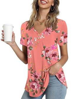 Ninee Damen Kurzarm T-Shirt V-Ausschnitt Sommer Tunika Tops lässig Knopfleiste Bluse (Flower Pink,4X-Large) von Ninee