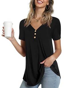 Ninee Damen Kurzarm T-Shirt V-Ausschnitt Tunika Tops lose Knopfleiste Bluse (Black,Large) von Ninee