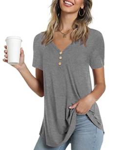 Ninee Damen Kurzarm T-Shirt V-Ausschnitt Tunika Tops lose Knopfleiste Bluse (Grey,Large) von Ninee