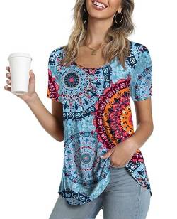 Ninee Damen Kurzarm Tunika Tops Rundhalsausschnitt T-Shirt lose Knopfleiste Bluse(Flower Multiple Blue,Large) von Ninee