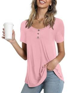 Ninee Damen Kurzarm Tunika Tops Rundhalsausschnitt T-Shirt lose Knopfleiste Bluse(Pink,X-Large) von Ninee