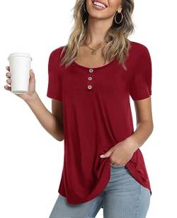 Ninee Damen Kurzarm Tunika Tops Rundhalsausschnitt T-Shirt lose Knopfleiste Bluse(Wine Red,Small) von Ninee