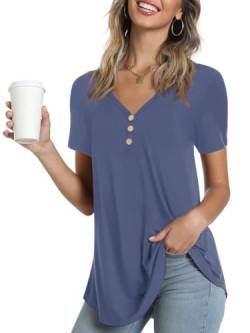 Ninee Damen Kurzarm Tunika Tops V-Ausschnitt T-Shirt lose Knopfleiste Bluse (Grey Purple,4X-Large) von Ninee