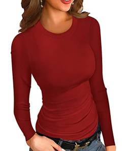 Ninee Damen Langarm Shirt Lose Herbst Top Basic gerippt Stricken T Shirts(Wine Red,Large) von Ninee