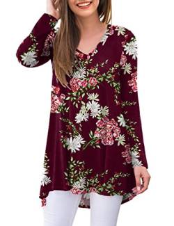 Ninee Damen Langarm Shirt V-Ausschnitt Casual Floral T Shirts Blusen Tops (Flower Wine Red,Large) von Ninee