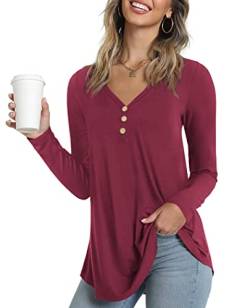 Ninee Damen Langarm Shirt V-Ausschnitt Tunika Tops Lässig Winter Knopfleiste Bluse（Wine Red,X-Large） von Ninee