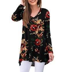 Ninee Damen Langarm Tops V-Ausschnitt T-Shirt Tunika Tops Casual Bluse Shirts, 06 Flower Brown Black, 52 von Ninee