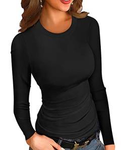 Ninee Damen Langarmshirt Lässig Stretch Schlank Rundhalsausschnitt Gerippt Basic Herbst Shirts Sexy Tops(Black,X-Large) von Ninee