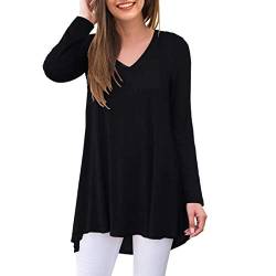 Ninee Damen Langarmshirt V-Ausschnitt Casual Herbst Tunika Tops Blusen T-Shirts (Black,X-Large) von Ninee