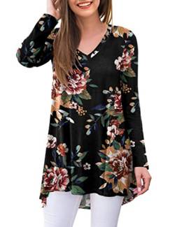 Ninee Damen Langarmshirt V-Ausschnitt Casual Tunika Tops Bluse T-Shirts (Flower Brown Black,Medium) von Ninee