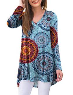 Ninee Damen Langarmshirt V-Ausschnitt Casual Tunika Tops Bluse T-Shirts (Flower Multiple Blue,Medium) von Ninee