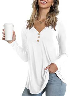 Ninee Damen Langarmshirt V-Ausschnitt Tunika Tops Lose Passform Knopfleiste Bluse（White,3X-Large） von Ninee