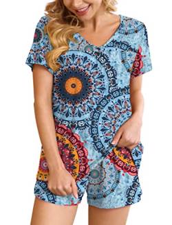 Ninee Damen Pyjama Set Kurz Schlafanzug Sommer Pj Sets Kurzarm Top und Short Zweiteiliger mit Tasche (Flower Multiple Blue,Large) von Ninee