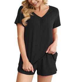 Ninee Damen Pyjama Sets Kurz Schlafanzug Shorts Sommer Soft Pj Set 2 Stück Nachtwäsche mit Taschen (Black,Small) von Ninee