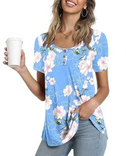 Ninee Damen Sommer Floral Tunika Tops Kurzarm Bluse Casual Rundhalsausschnitt Knopfleiste T-Shirts(Flower Light Blue,Large) von Ninee