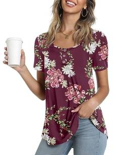 Ninee Damen Sommer Floral Tunika Tops Kurzarm Bluse lässig Rundhalsausschnitt Knopfleiste T-Shirt(Flower Wine Red,Large) von Ninee