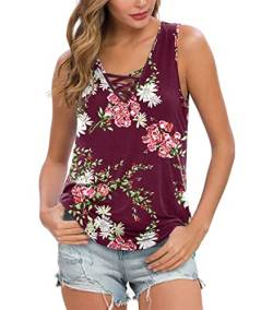 Ninee Damen Sommer ärmellose Criss Cross Casual Tank Tops Basic Bluse (Flower Wine Red,Large) von Ninee