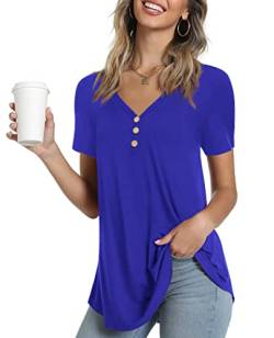 Ninee Damen T-Shirt Kurzarm V-Ausschnitt Tunika Tops Elegant Basic Knopfleiste Bluse (Royal Blue,Small) von Ninee