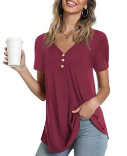 Ninee Damen T-Shirt Kurzarm V-Ausschnitt Tunika Tops Elegant Basic Knopfleiste Bluse (Wine Red,3X-Large) von Ninee