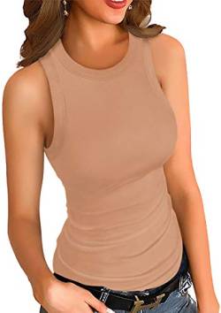 Ninee Damen Tank Tops ärmellos Basic Elegant gerippt schlank Stricken Stretch Shirt (Khaki,Large) von Ninee