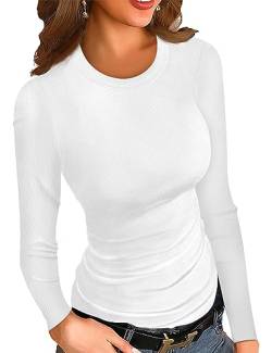 Ninee Damen gerippt Langarm Shirts Crewneck Fitted Slim Fit Basic Lässig Tops(White,Small) von Ninee