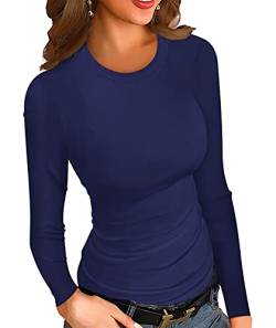 Ninee Damen gerippt Langarmshirt Crewneck Fitted Sweatshirts Slim Fit Basic Casual Tops(Navy Blue,Medium) von Ninee