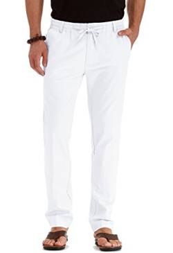 Ninee Leinenhosen Herren Casual Elastische Taille Kordelzug Yoga Strandhosen(Pure White,30) von Ninee