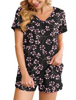 Ninee Pyjama Damen Kurz Schlafanzug Frauen Soft Nachtwäsche V-Ausschnitt Kurzarm Zweiteiliger Pjs Sets Hausanzug (Flower Gypsophila Black,Large) von Ninee