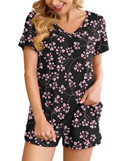 Ninee Pyjama Damen Kurz Schlafanzug Frauen Soft Nachtwäsche V-Ausschnitt Kurzarm Zweiteiliger Pjs Sets Hausanzug (Flower Gypsophila Black,Medium) von Ninee