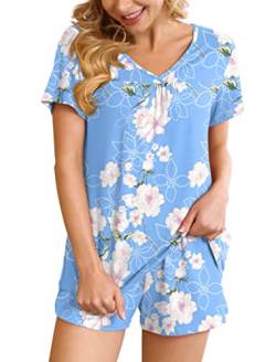 Ninee Pyjama Damen Kurz Schlafanzug Frauen Soft Nachtwäsche V-Ausschnitt Kurzarm Zweiteiliger Pjs Sets Hausanzug (Flower Light Blue,Medium) von Ninee