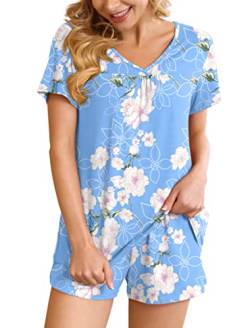 Ninee Pyjama Damen Kurz Schlafanzug Frauen Soft Nachtwäsche V-Ausschnitt Kurzarm Zweiteiliger Pjs Sets Hausanzug (Flower Light Blue,Small) von Ninee