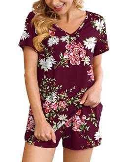 Ninee Schlafanzug Damen Pyjama Set aus Soft Zweiteiliger Sommer Pyjama Nightwear Kurzarm mit Taschen (Flower Wine Red,Large) von Ninee