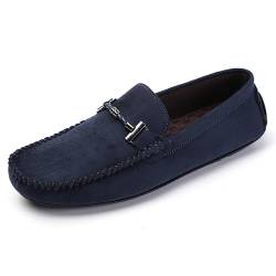 Ninepointninetynine Herren-Loafer, runde Zehenpartie, Wildleder-Mokassins, Mokassins for Fahren, Nahtdetails, rutschfest, flexibel, Flacher Absatz, Walking-Slip-Ons (Color : Blau, Size : 43 EU) von Ninepointninetynine