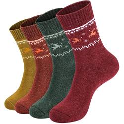 4 Stück Wandersocken Damen Socken Wollsocken Weihnachtssocken Winter Warm Weich und Bequem, Rot, Gelb, Grün, Orange von NinetoFiveLife