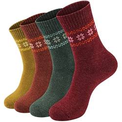 4 Stück Winter Warme Wollsocken Frauen Socken Wandersocken Strick Outdoor Freizeit Socken für Frauen Weich und bequem, Rot, Gelb, Grün, Orange von NinetoFiveLife