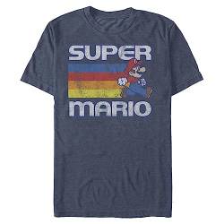 Nintendo Herren Super Mario Running Retro Stripe T-Shirt, Marineblau meliert, Klein von Nintendo