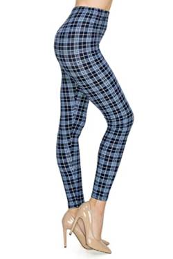 NioBe Clothing Damen High Waist Plaid Leggings - Weich Solide Gedruckt Kariert Hosen, Blaues Plaid, Einheitsgröße von NioBe Clothing