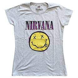Nirvana T Shirt Smile Rosa Band Logo offiziell Damen Skinny Fit Heather Grau L von Nirvana
