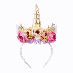 Nishine Mädchen Glitter Einhorn Horn Stirnband Kamelie Pony Stirnband Blume Haarband Tiara für Party Geburtstag Geschenk(Gold&Rosa) von Nishine