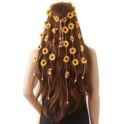 Niuhong Sonnenblume Hippie Stirnband Gänseblümchen Haarschmuck Daisy Blumenkrone Haar-Accessoires Strand Haarreif Boho-Hairband Verstellbar Quaste Haarkranz Blumen Haarbänder Mädchen (Gelb) von Niuhong