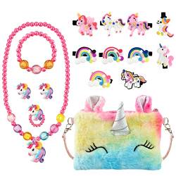 Einhorn Schmuck Set, Kinder Handtasche mit Schmuckset, Kinder Schmuckset, Plüsch Einhorn Handtaschen, mit Einhorn Haarspangen, Perlenkette Armband Ringe Ohrringe Geldbörse, Kleid Gastgeschenke von Niumowang