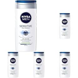 NIVEA MEN Sensitive 3in1 Duschgel (1 x 250 ml), Herren Duschgel für empfindliche Haut, mildes Reinigungsmittel für Körper, Haar und Gesicht, Duschseife mit Bambusextrakt (Packung mit 5) von Nivea Men
