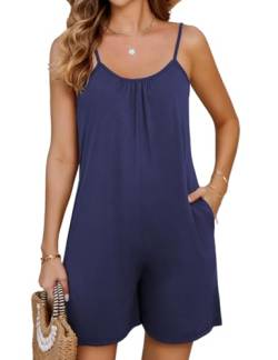 Niwicee Bequemer und atmungsaktiver Baumwoll Jumpsuit für Damen mit weitem Bein, verstellbaren Trägern und praktischen Taschen lässiger Sommeroverall Romper Shorts-Dunkelblau-L von Niwicee