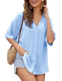 Niwicee Damen Bluse Langarm Hemden Casual V-Ausschnitt Roll Up Ärmel Button Down Blusen Tops-Blau-L von Niwicee